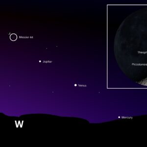 A lua brilha com um enxame de estrelas em 21 de maio, enquanto Júpiter, Vênus e Mercúrio se alinham nas proximidades