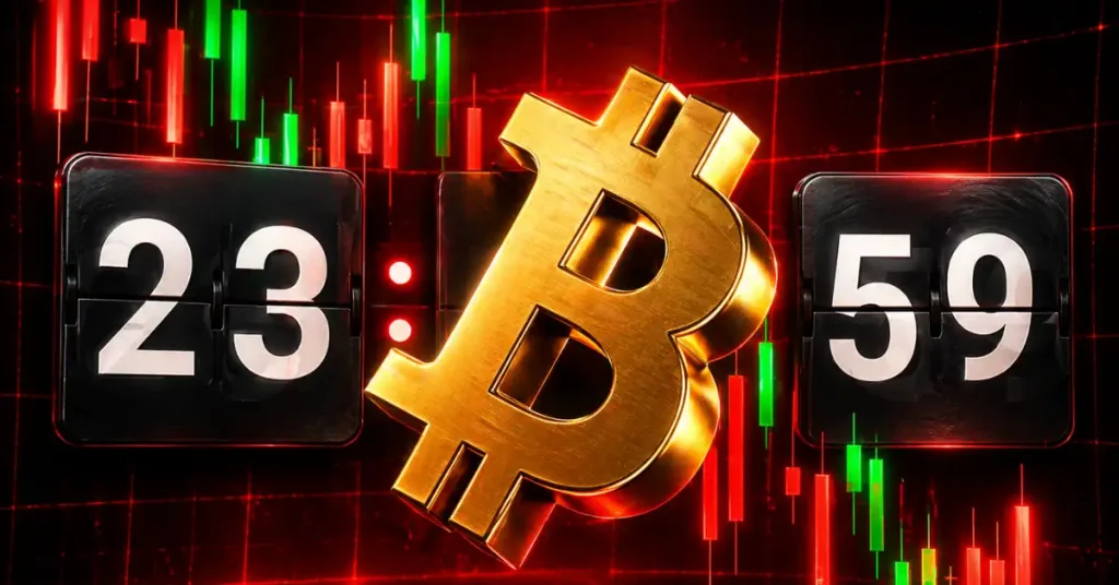 Um símbolo Bitcoin dourado 3D na frente de um cronômetro mostrando 23:59, contra um fundo escuro com padrões de velas de baixa vermelhos e verdes.