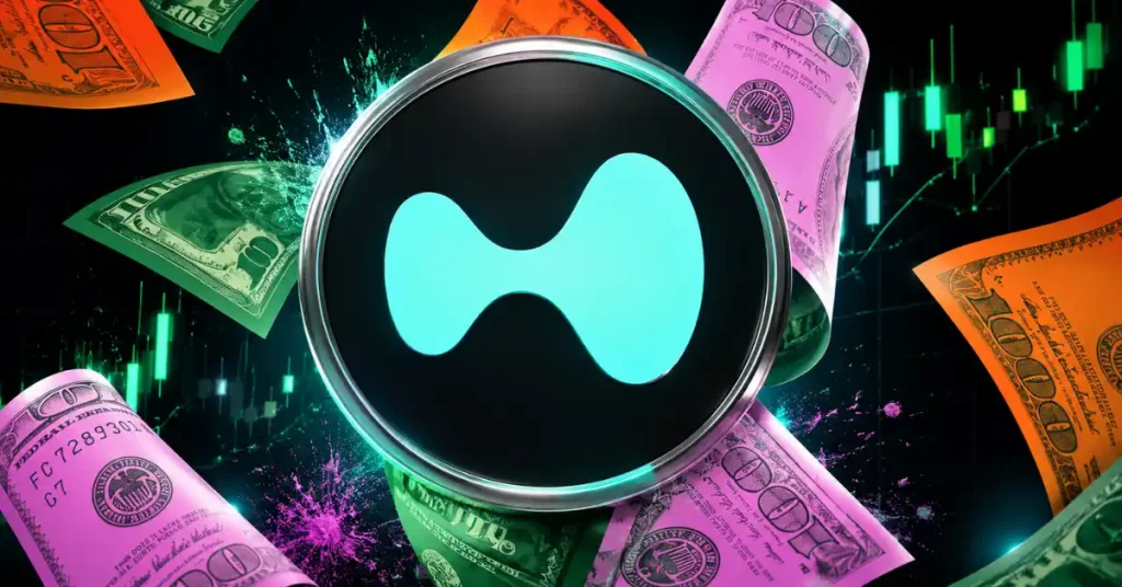 Um logotipo de token HYPE 3D com um rosa brilhante "H" em um fundo escuro, cercado por gráficos comerciais de alta verdes e um "COMPRAR" botão.