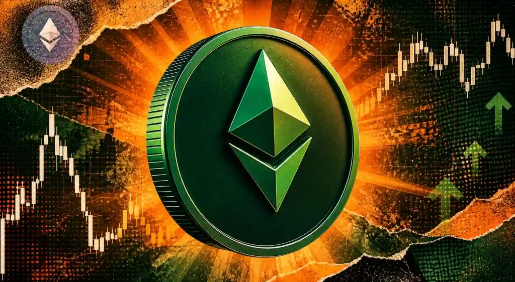 Uma moeda Ethereum verde 3D centrada contra um fundo dramático de explosão de luz laranja e preta com gráficos de velas ascendentes e setas de crescimento verdes de alta.