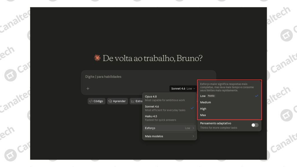 Como selecionar o esforço no Claude (Imagem: Captura de tela/Bruno De Blasi/Canaltech)
