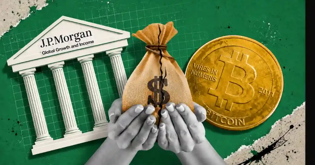 Uma grande moeda de ouro Bitcoin (BTC) posicionada em frente a uma barra de ouro brilhante, centralizada entre o logotipo do JPMorgan Chase e um gráfico de negociação de velas verdes ascendentes.