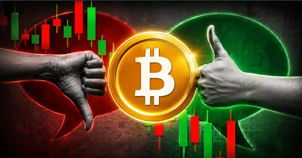 Uma moeda de token Bitcoin dourada fraturada e rachada dividida ao meio contra um fundo vermelho escuro com linhas de gráfico de velas de mercado descendentes acentuadas.
