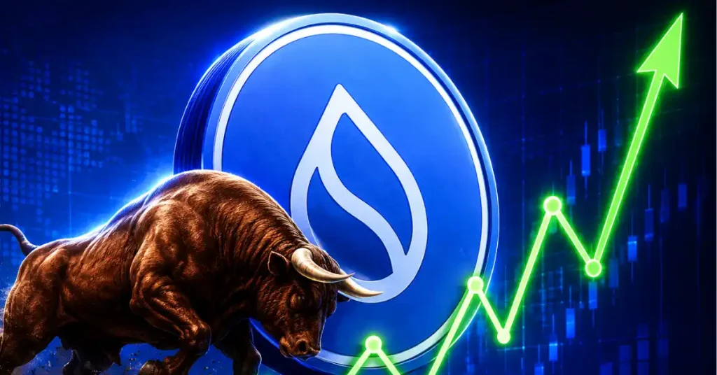 Um token do logotipo Sui (SUI) azul fraturado e rachado dividido ao meio contra um fundo escuro com linhas de mercado vermelhas com tendência de queda acentuada.