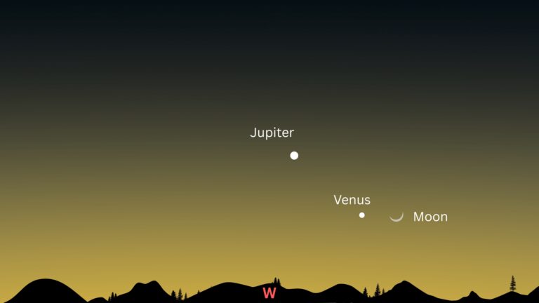 Vênus e uma fina lua crescente roubam a cena após o pôr do sol em 18 de maio