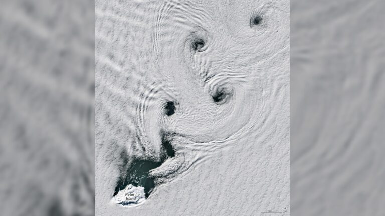 Vórtices hipnotizantes giram perto de um vulcão antártico. Foto do dia de 12 de maio de 2026