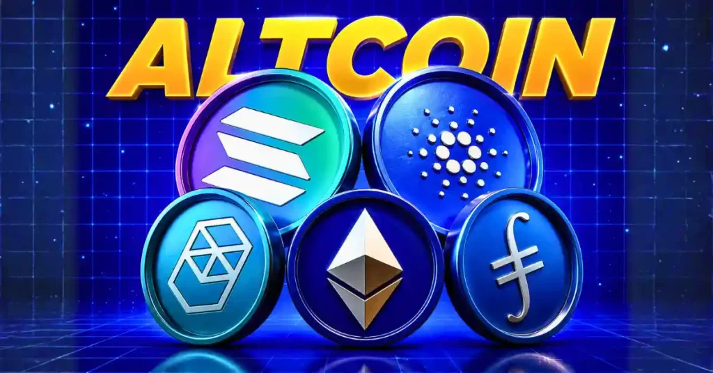 Cinco tokens criptográficos azuis, incluindo Ethereum e Solana, sob a palavra ALTCOIN.