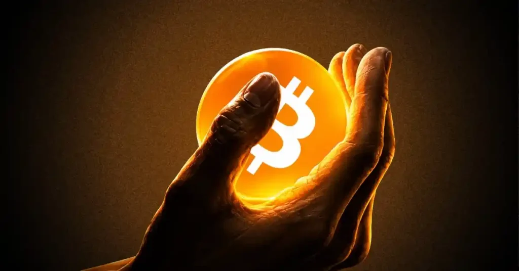 Uma grande moeda Bitcoin dourada posicionada ao lado de um gráfico de preços verde crescente.