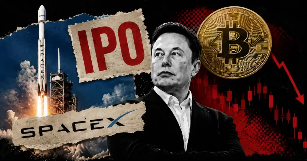 Um foguete SpaceX sendo lançado próximo a um gráfico vermelho em queda do mercado de criptomoedas.