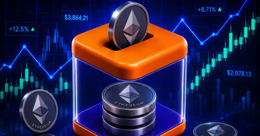 Logotipo Black Ethereum centralizado em uma grade geométrica circular brilhante.