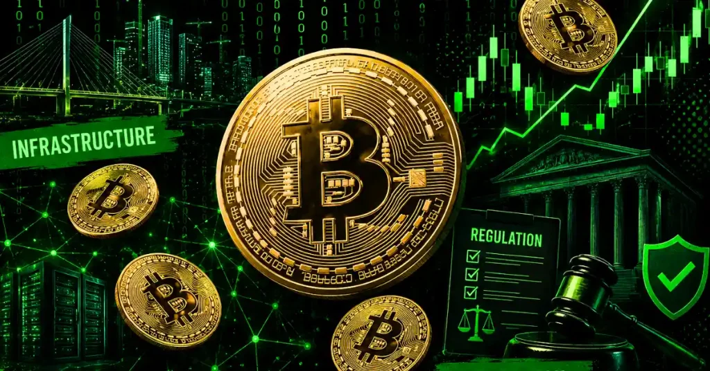 Um token Bitcoin dourado em frente a uma porta moderna de cofre de banco.