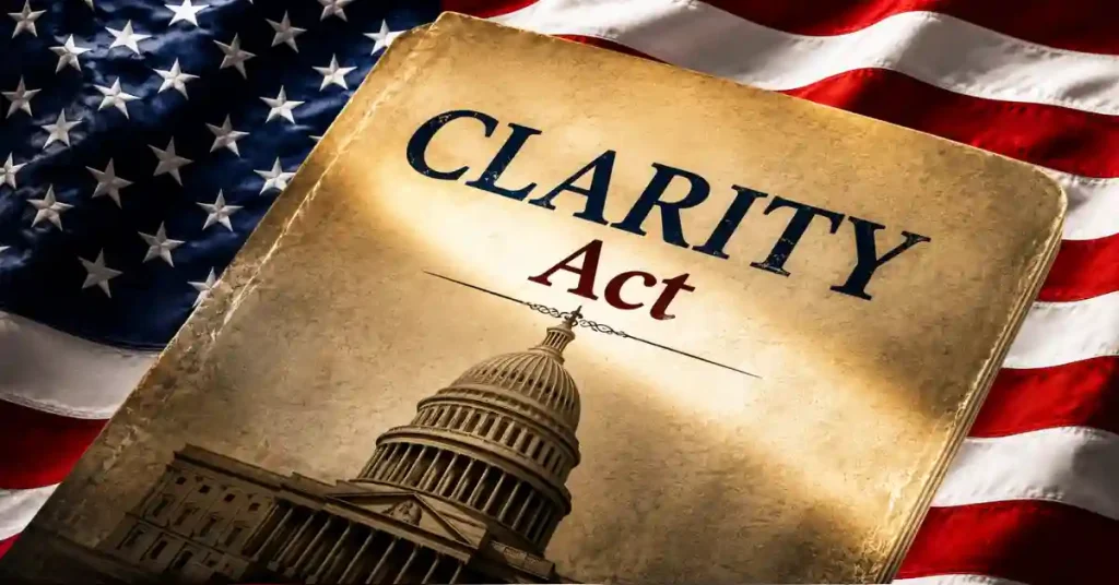 Um livro jurídico antigo com o texto "Lei CLARIDADE" e uma ilustração da cúpula do Capitólio dos EUA, tendo como fundo a bandeira americana.