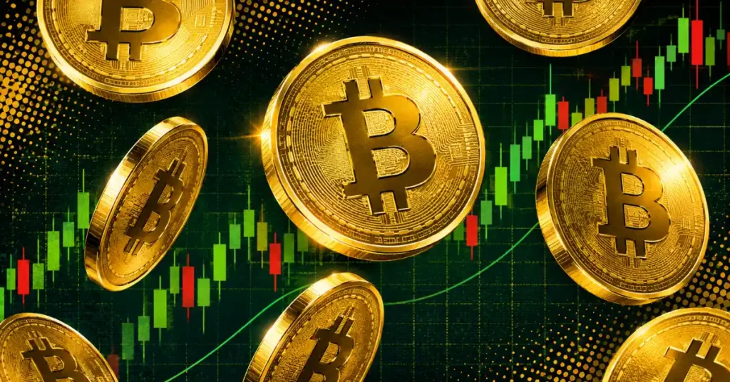 Várias moedas Bitcoin douradas brilhantes flutuando sobre um fundo escuro com um gráfico de velas de mercado verde ascendente.