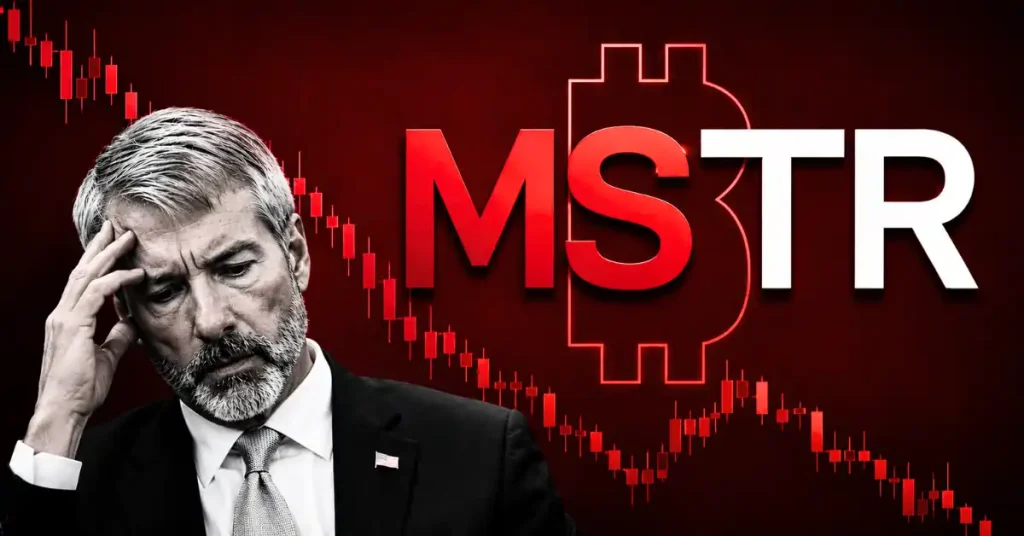 Um empresário estressado ao lado do logotipo MSTR e um gráfico de velas vermelhas caindo.