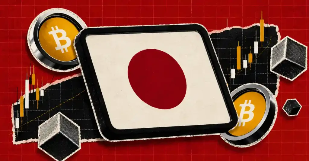 Um símbolo do iene japonês e um logotipo Bitcoin divididos por um raio vermelho irregular em um fundo escuro.