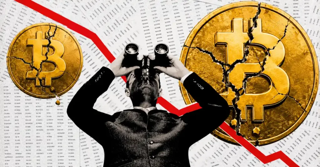 Uma colagem com um homem olhando através de binóculos emoldurado por moedas Bitcoin douradas rachadas e uma linha de tendência vermelha descendente do mercado.