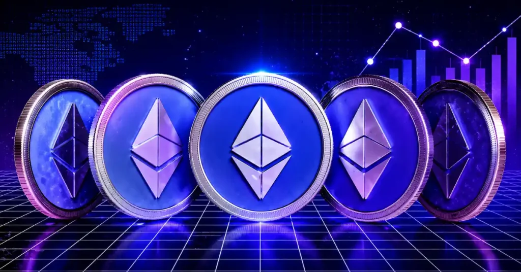 Um token 3D prateado do logotipo Ethereum posicionado em uma plataforma azul brilhante, contra um fundo vermelho escuro exibindo gráficos de velas de mercado horizontais e estáveis