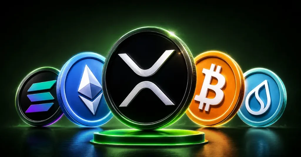 Cinco moedas criptográficas brilhantes, incluindo Ripple XRP, dispostas em um gráfico de tendência descendente.