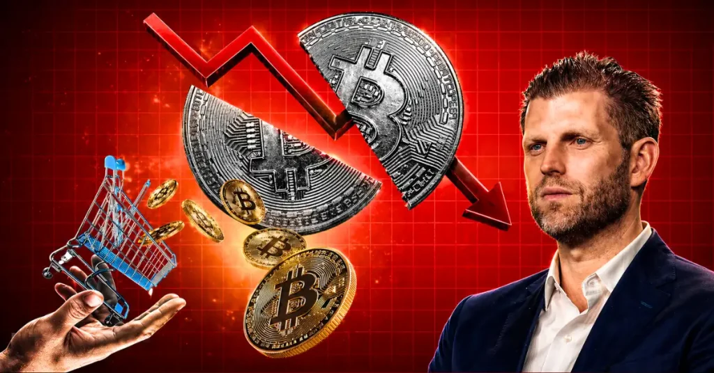 Eric Trump ao lado de um gráfico das participações de 300.000 BTC do governo dos EUA e uma tendência de acumulação soberana, ilustrando a decisão de não vender Bitcoin.