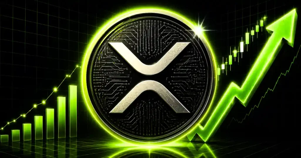 Um logotipo prateado Ripple XRP ao lado de um gráfico de tendência ascendente verde nítido.