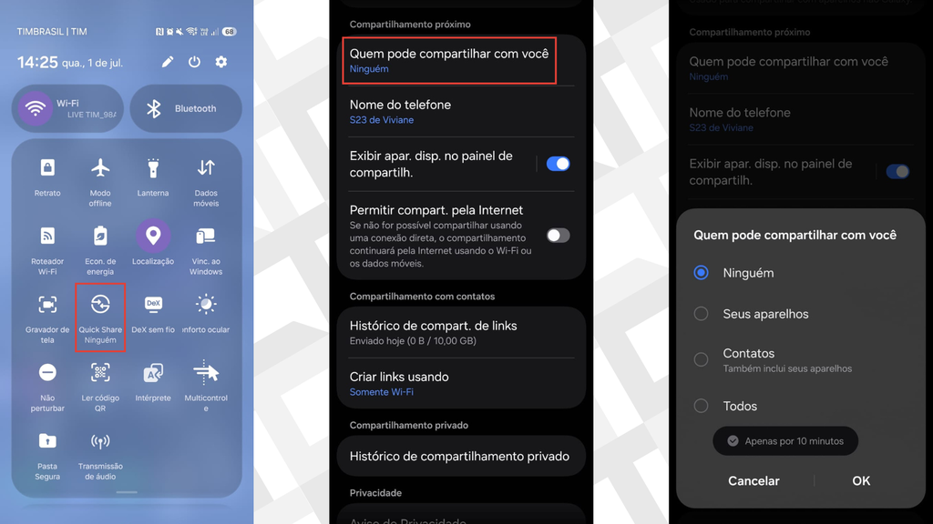 Passos para mudar privacidade do Quick Share