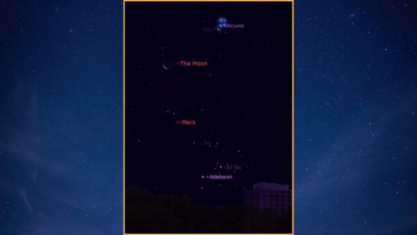 A lua, Marte e as Plêiades formam uma formação impressionante antes do amanhecer de 11 de julho.