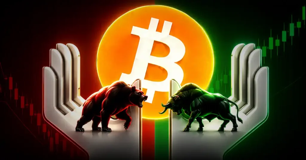Um urso e um touro se enfrentando em mãos mecânicas com um símbolo Bitcoin como pano de fundo.