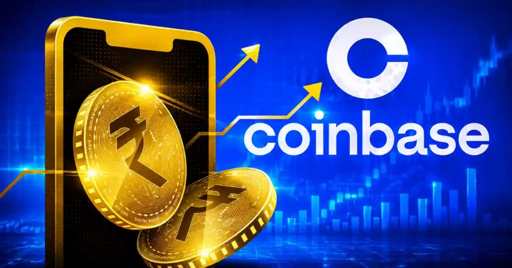 Moedas de rupia digital dourada emergindo de um smartphone ao lado do logotipo da Coinbase contra um gráfico de mercado azul.