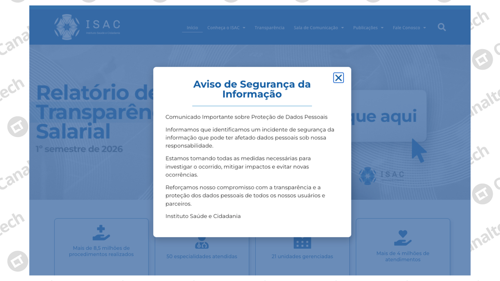 ISAC comunica incidente em seu site (Imagem: Captura de tela/Canaltech)