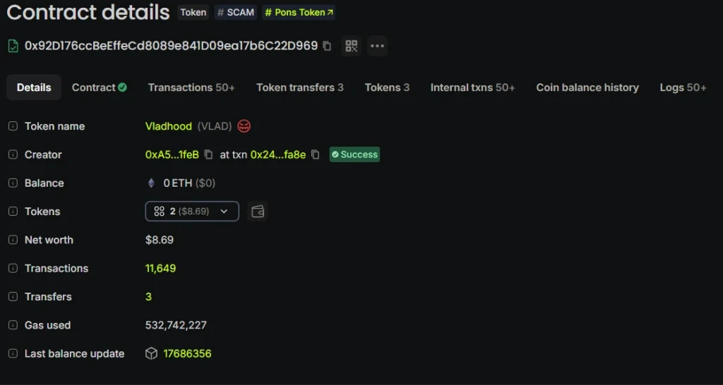 Contrato inteligente malicioso de memecoin VLAD na rede Robinhood