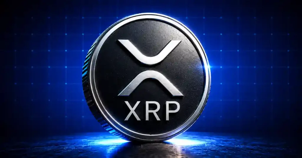 Moeda XRP de prata brilhando em um fundo azul de tecnologia.