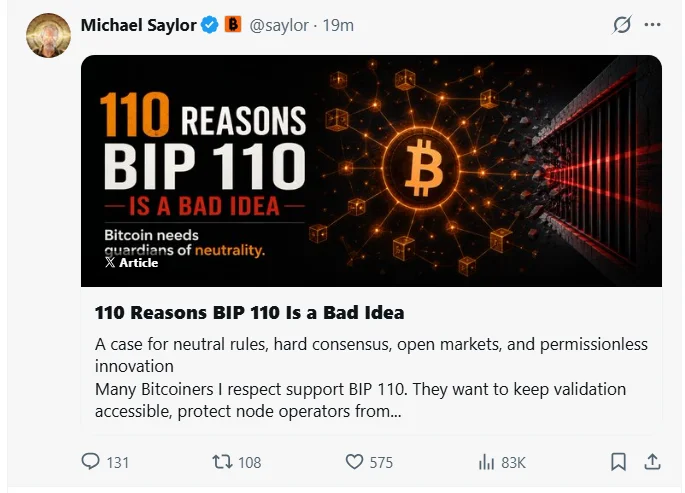 Michael Saylor se opõe ao BIP 110, afirma que a proposta arrisca a neutralidade do Bitcoin