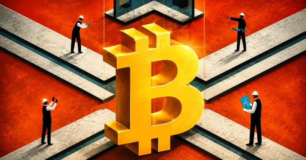 Grande símbolo Bitcoin dourado cercado por trabalhadores com capacetes em caminhos transversais.