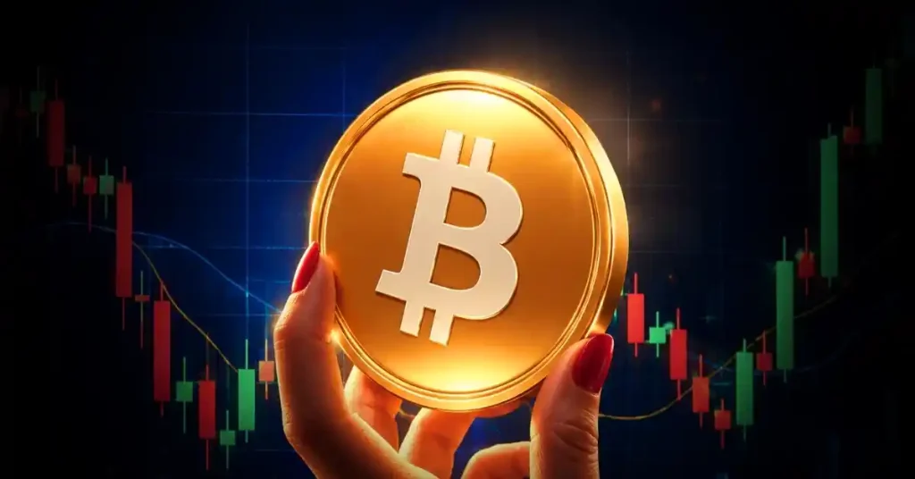 Uma mão com unhas vermelhas segurando uma grande moeda Bitcoin dourada contra um gráfico de velas.