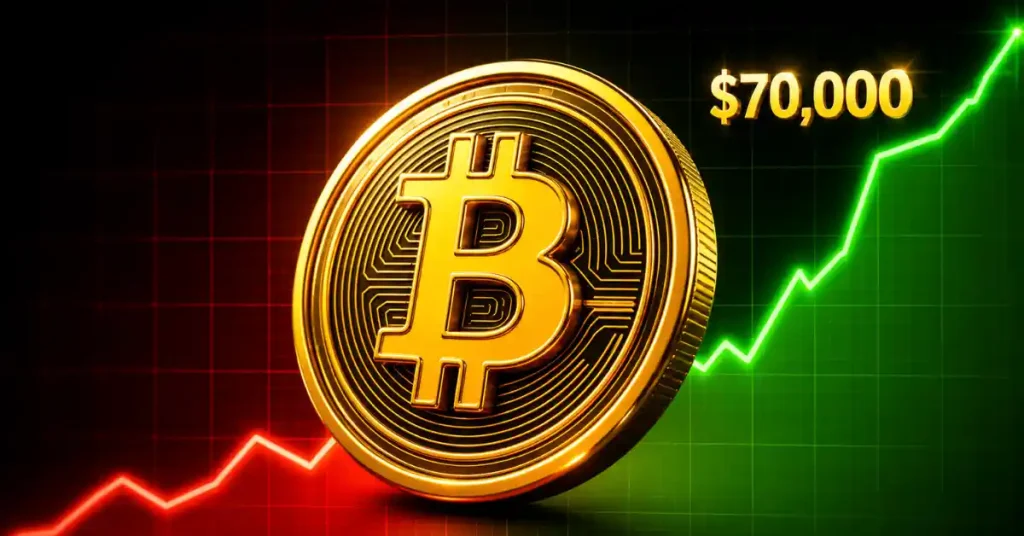 Moeda Bitcoin dourada em um gráfico crescente do mercado verde.