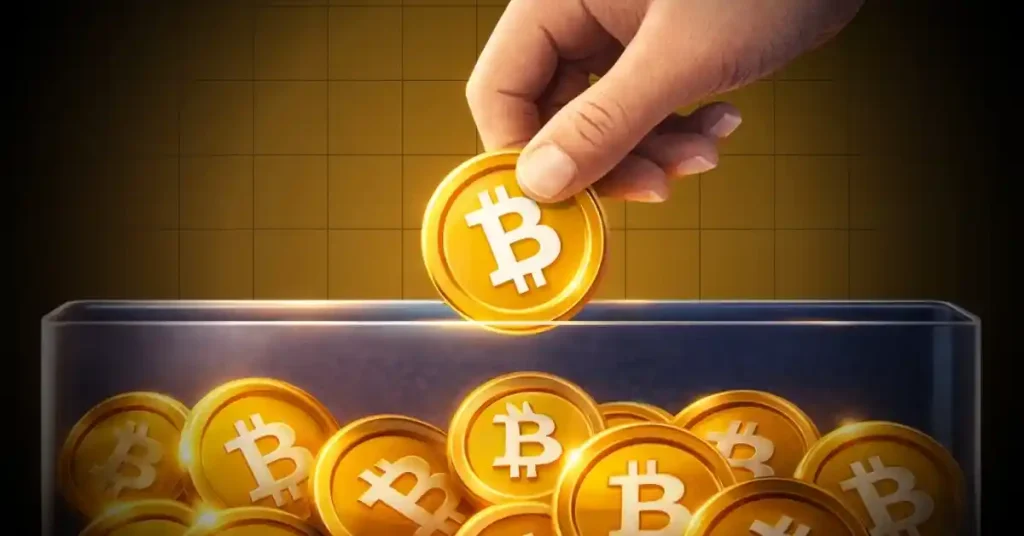 Mão colocando um token Bitcoin dourado em um recipiente de vidro transparente cheio de moedas.