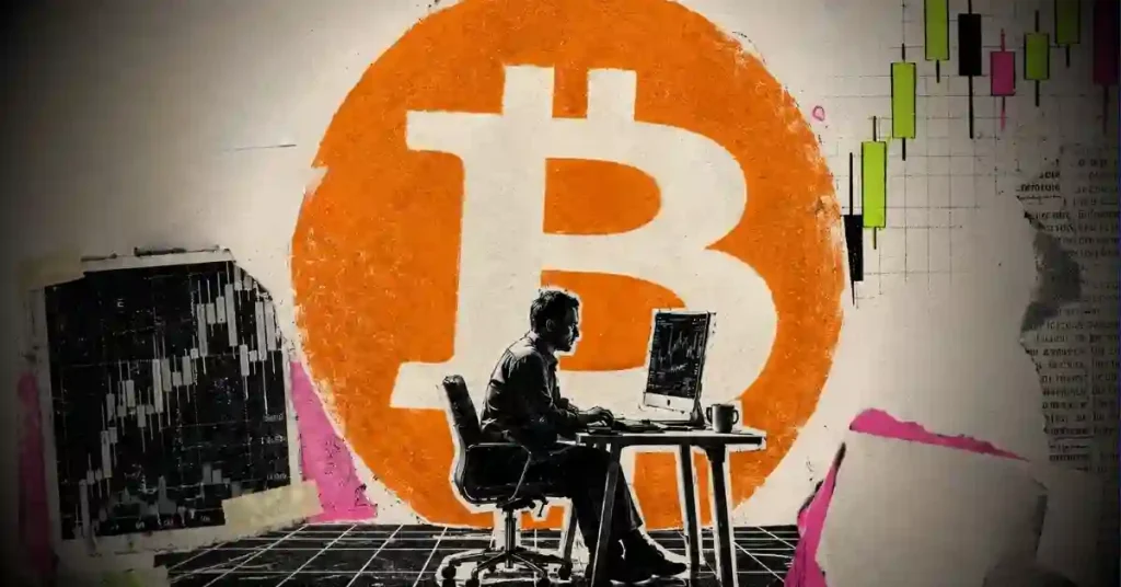 Trader no computador analisando gráficos de preços na frente de um símbolo Bitcoin.