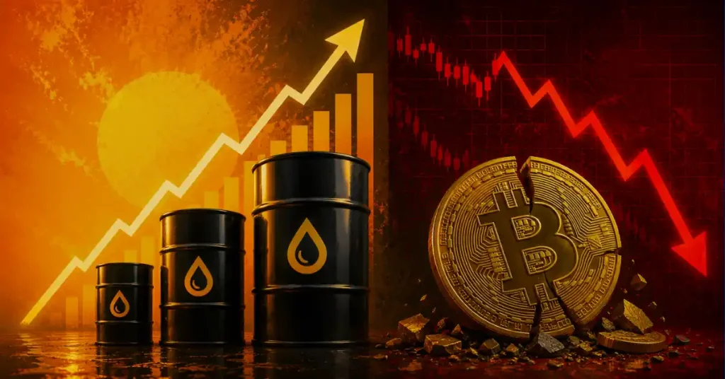 Barris de petróleo próximos a uma linha ascendente do gráfico justaposta a uma moeda Bitcoin quebrada sob uma seta vermelha descendente.