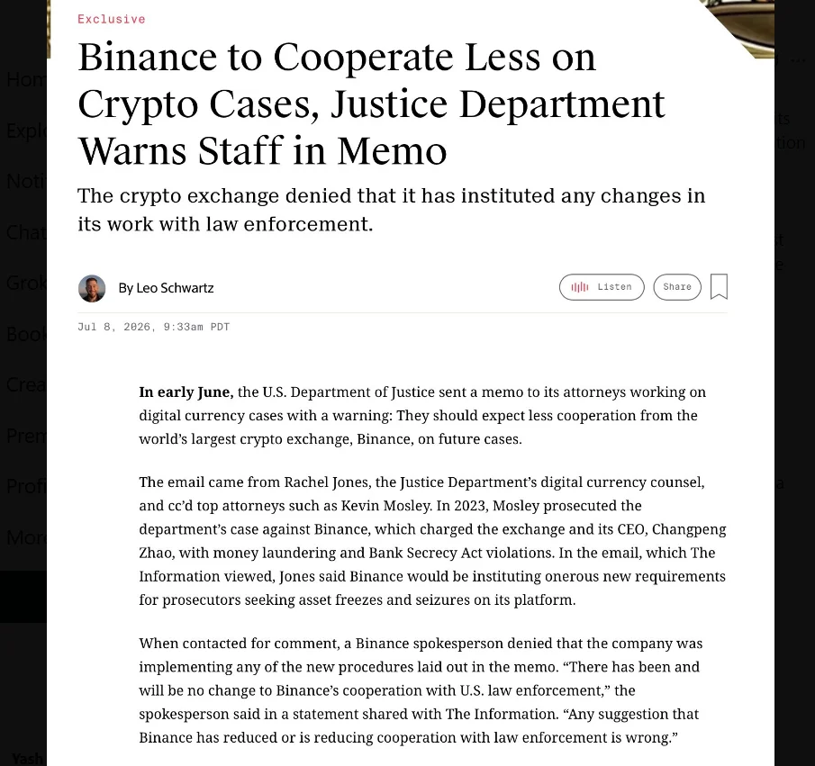 Relatório do Binance DOJ levanta questões sobre investigações criptográficas