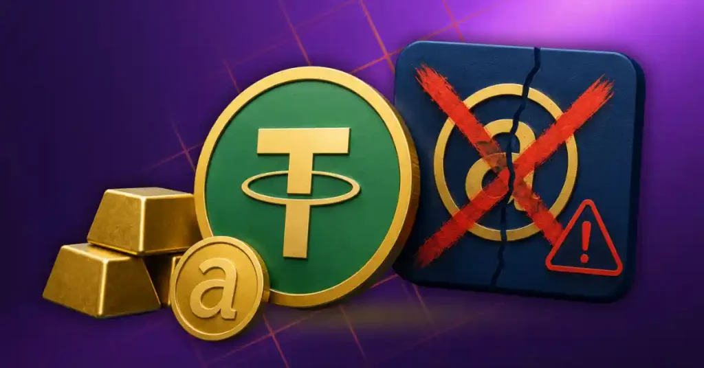 Amarre moedas USDT e barras de ouro ao lado de um ícone azul rachado riscado em vermelho.