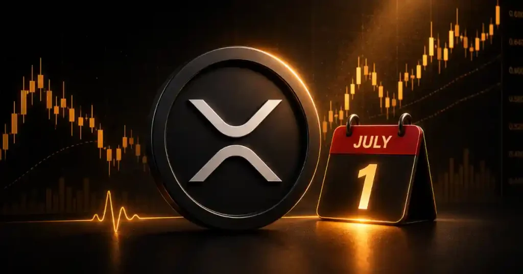 Logotipo do token XRP azul centrado em um fundo digital escuro.