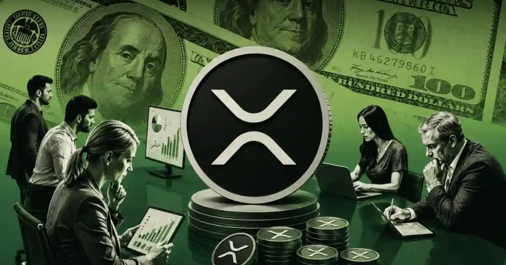 Grande moeda XRP cercada por profissionais de negócios analisando gráficos e notas de dólar.