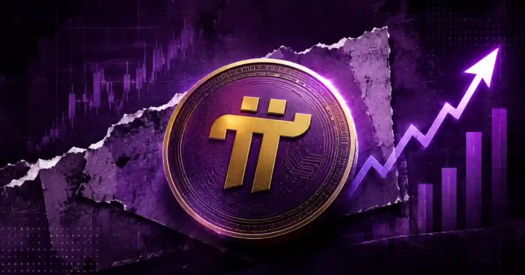 Moeda brilhante da Pi Network ao lado de um gráfico de crescimento roxo crescente e uma seta para cima.