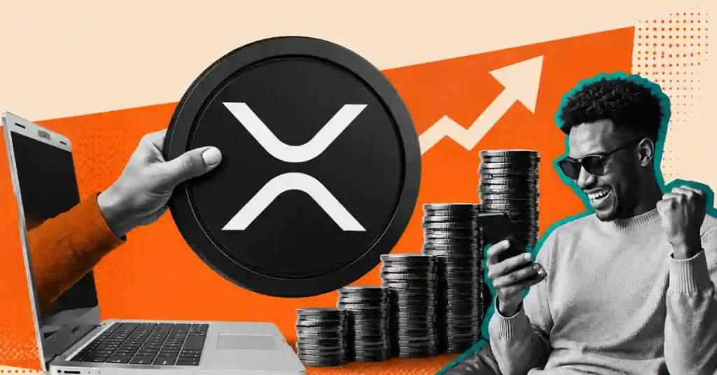 Mão emergindo do laptop com moeda XRP ao lado de moedas empilhadas e comemorando o comerciante.