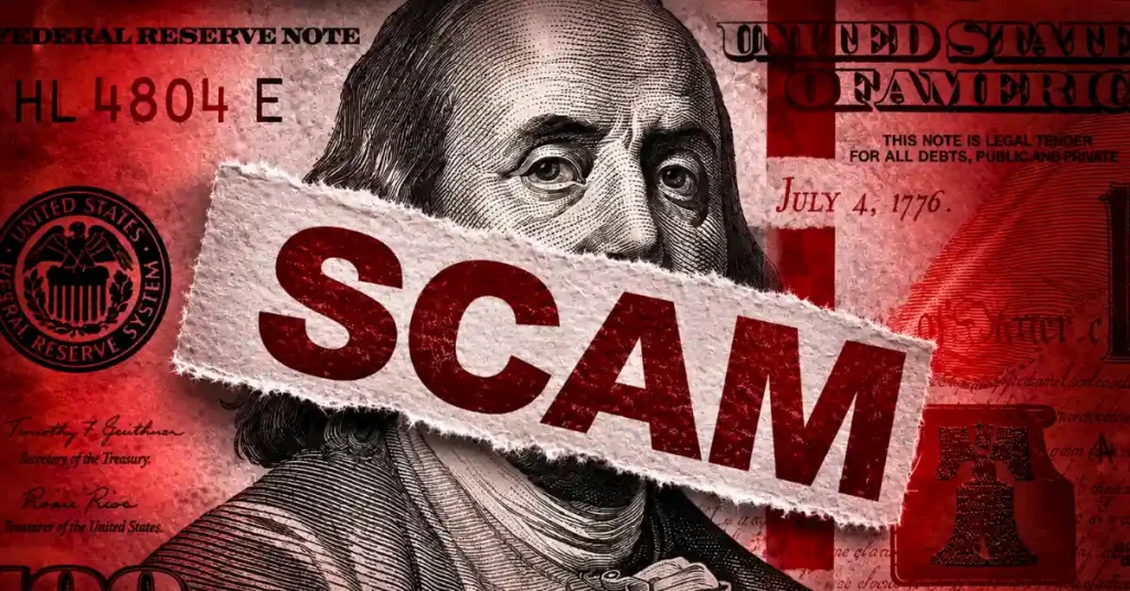 Nota de dólar vermelha sobreposta com papel rasgado lendo SCAM.