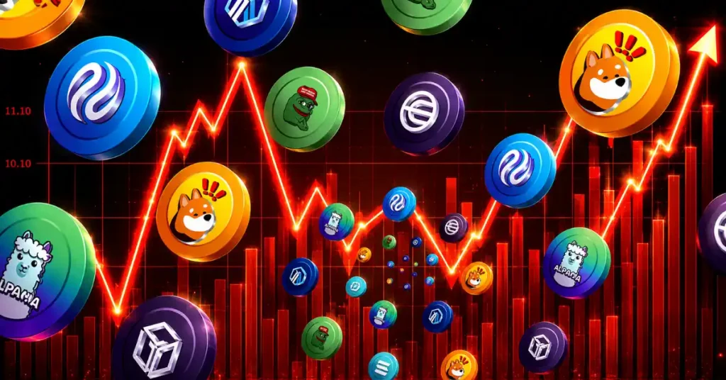 Várias altcoins e moedas meme flutuando sobre um gráfico de ações vermelho volátil com uma seta para cima.