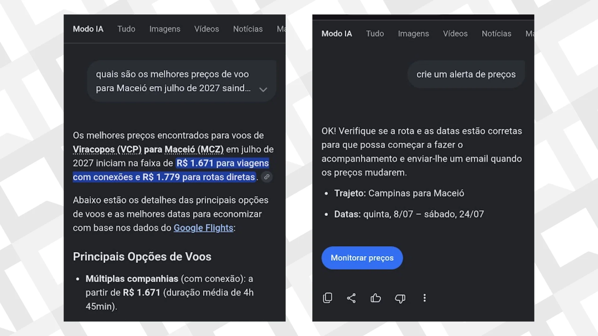 Modo IA Google passagens a&eacute;reas