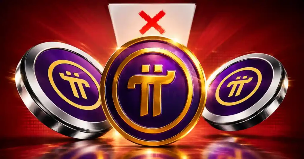 Três moedas criptográficas da Pi Network roxas e douradas contra um fundo vermelho.