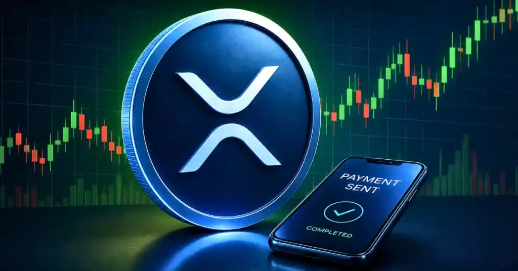 Moeda XRP azul ao lado de um smartphone mostrando uma notificação de pagamento concluído.