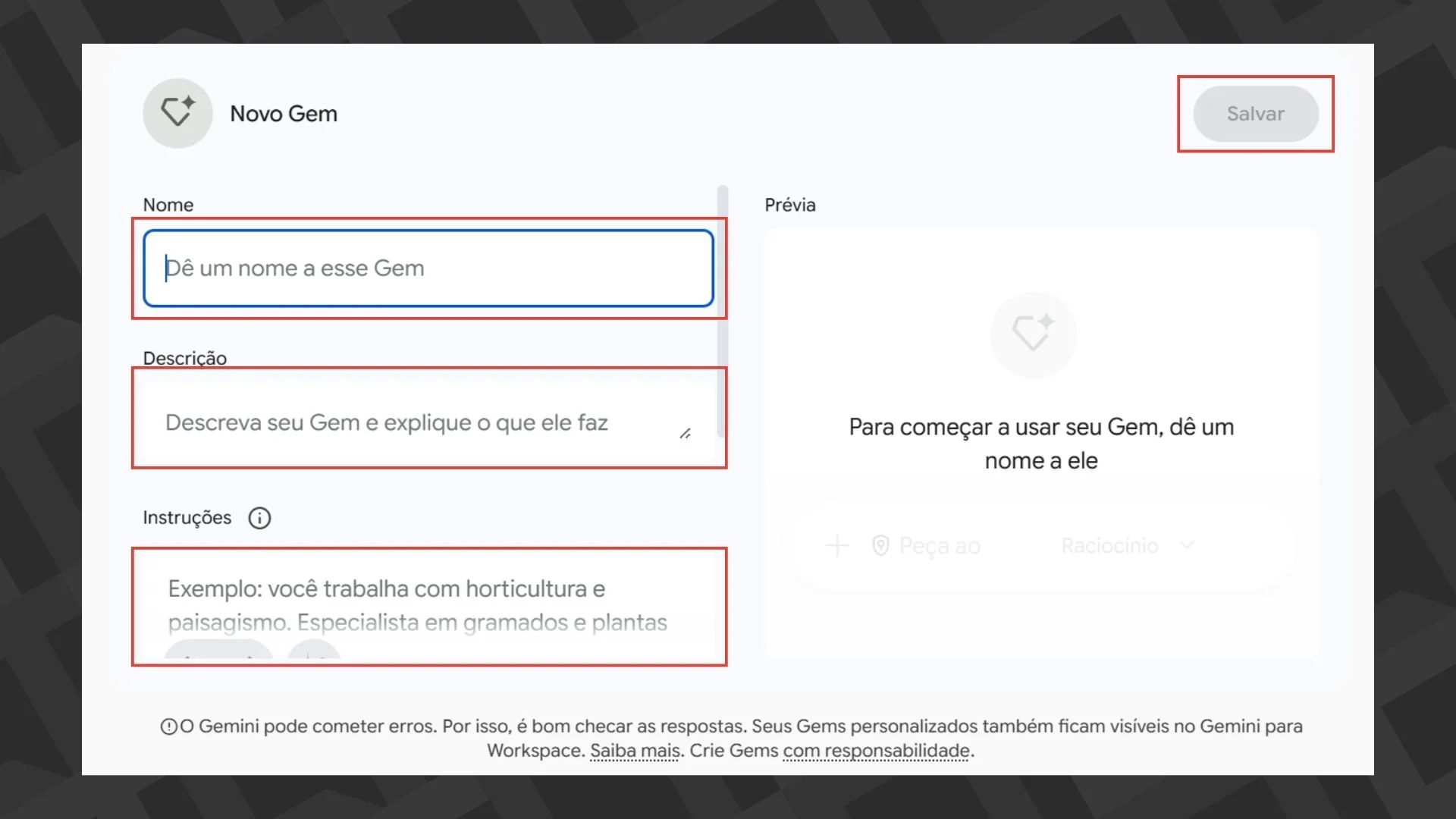 Editar informações da imagem Criar Gemini Gem